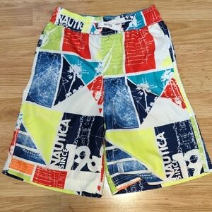 Nautica Red and Blue Swim Trunks Vibrant Geometric Design